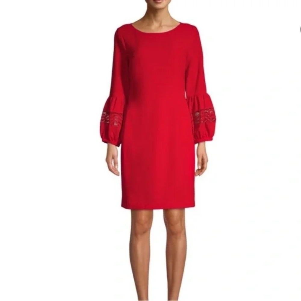 Karl Lagerfeld Red Long Sleeve Shift Dress with Lace-Trim Sleeves